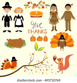 Happy Thanks giving with pilgrim  and red indian costume children vector. illustration EPS10.