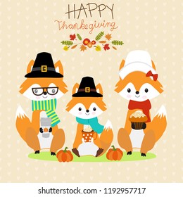 Happy Thanks giving vector fox family pilgrims  hand lerttering fonts. illustration EPS10.