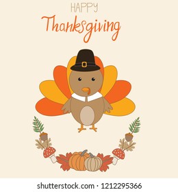 Happy Thanks giving vector little cute turkey pilgrims with pumpkins wreath hand lerttering fonts. illustration EPS10.