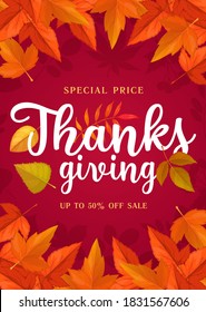 Happy Thanks Giving vector sale poster, special price offer shopping promo with autumn leaves on red background. Store, mall and market promotion with cartoon fallen leaf of maple, rowan and birch