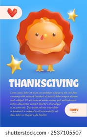 Happy Thanksgiving 3D plastic style greeting landing page vector design. Cartoon Thanksgiving turkey and heart shape. Voluminous festive autumn holiday decorative render template on blue background