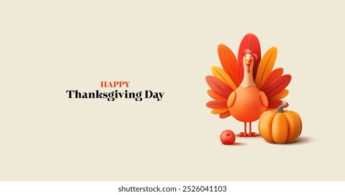 Happy Thanksgiving. 3D stylized cute turkey bird, pumpkin, apple. Modern banner for concepts and advertising of the celebration of Thanksgiving Day. Minimalist image. Vector illustration.