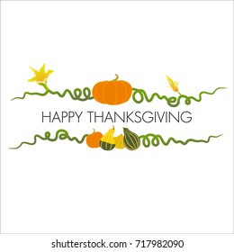 A happy Thanksgiving in all simplicity.
A title surrounded by twisted rods and pumpkin flowers and squash, on a white background for an elegant invitation card.