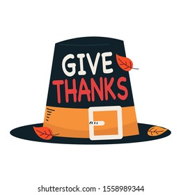 Happy Thanksgiving autumn card with pilgrim hat. Flat vector illustration isolated on white background.