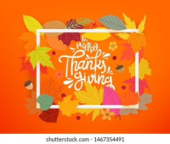 Happy Thanksgiving. Autumn composition with white frame and color leaves