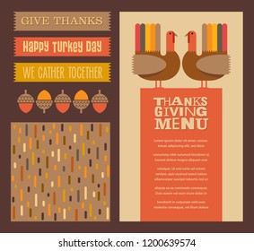 Happy Thanksgiving and autumn design elements. Abstract turkeys, text designs, patterns and nature.  For greeting cards, web banners, flyers, print.