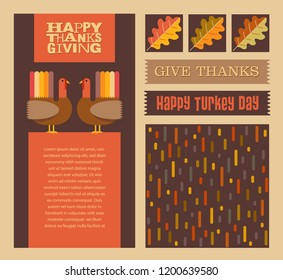 Happy Thanksgiving and autumn design elements. Abstract turkeys, text designs, patterns and nature.  For greeting cards, web banners, flyers, social media.