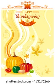 Happy Thanksgiving autumn food vector background with pumpkin icon, squash, zucchini, paprika, and other vegetables illustrations. Abstract seasonal concept, fall gardening, farming harvest