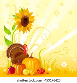 Happy Thanksgiving autumn food vector background with pumpkin icon, turkey, sunflower, vegetable and fruit illustration. Abstract seasonal concept, fall gardening, autumn farming harvest holiday.