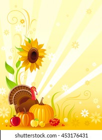 Happy Thanksgiving autumn food vector background with pumpkin icon, turkey, sunflower, vegetable and fruit illustration. Abstract seasonal concept, fall gardening, autumn farming harvest holiday.