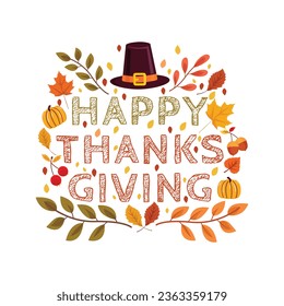 Happy thanksgiving autumn holiday background vector image. Happy Thanksgiving background letter with leaves. Stock illustration vector. Happy thanksgiving lettering design vector