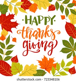 Happy Thanksgiving, autumn holiday background, hand written lettering, vector illustration.