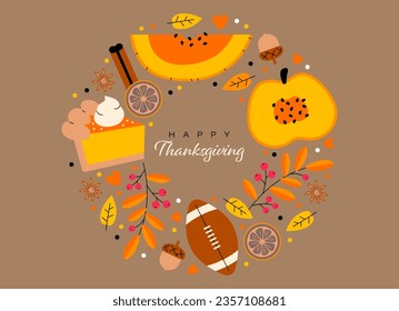 Feliz Día de Acción de Gracias. Diseño de vacaciones otoñales con calabaza, tarta de calabaza, fútbol americano, hoja, bellota. Cena y deporte. Cosecha y celebración