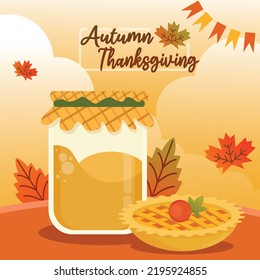 Happy Thanksgiving and Autumn with a jar of honey and pumpkin pie. Orange Background and Clouds decorated with maple leaf. Autumn element for banner, poster, website, greeting card, advertising.