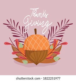 happy thanksgiving, autumn leaves acorn branch decoration card vector illustration