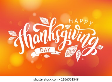 Happy thanksgiving with autumn leaves. Hand drawn text lettering for Thanksgiving Day. Vector illustration. Script. Calligraphic design for print greetings card, shirt, banner, poster. Colorful fall