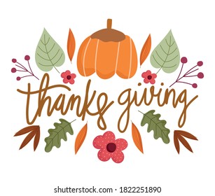 happy thanksgiving, autumn leaves pumpkin flower leaves branch white background vector illustration