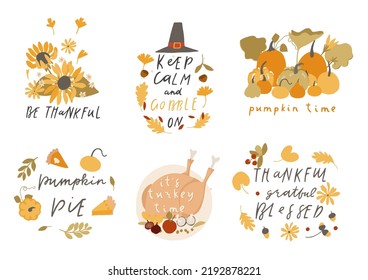 Feliz Día de Acción de Gracias Letras de otoño con elementos de diseño de vacaciones, paquete decorativo. Juego de vectores de letras dibujados a mano. Temporada otoño citas manuscritas de saludos paquetes de emoticones aislados en blanco