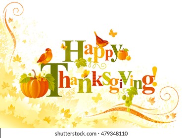 Happy Thanksgiving autumn logo with seasonal icons - pumpkin vegetable, bird, apple, butterfly. Elegant modern text lettering, grunge background. Seasonal holiday greetings
