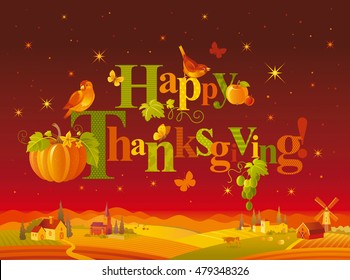 Happy Thanksgiving autumn logo with seasonal icons - pumpkin vegetable, bird, apple, butterfly. Elegant modern text lettering, night stars sky landscape, villa houses background. Seasonal greetings