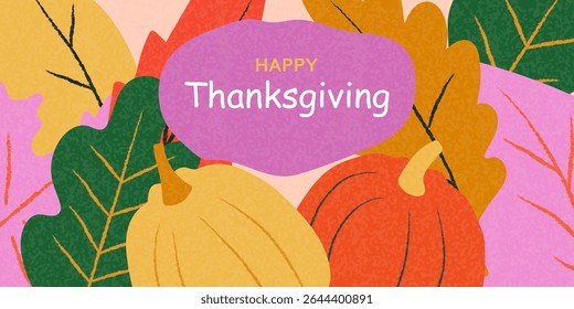 Happy Thanksgiving, autumn season banner with fall decorative elements. Template for holiday greeting card. Vector.
