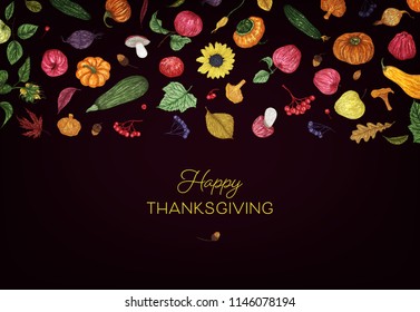 Happy Thanksgiving autumn seasons background. Vector color illustration with branches,leaves, vegetable. Design elements. Decor for invitations, greeting cards, posters, covers, cooking book, banners.