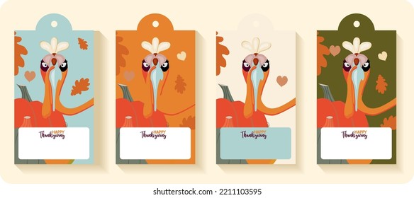 Happy Thanksgiving autumn set. Vector illustration. Thanksgiving digital painting, cute turkey gift tags, cards. Festive background with funny turkeys.