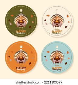 Happy Thanksgiving autumn set. Vector illustration. Thanksgiving digital painting, cute turkey gift tags, cards. Festive background with funny turkeys.