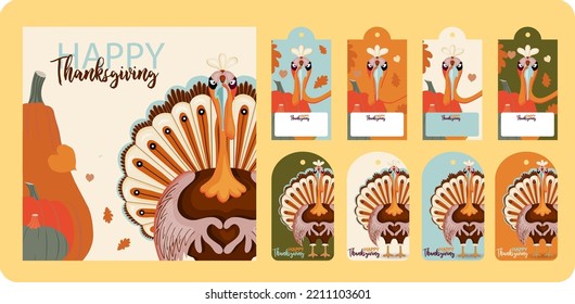 Happy Thanksgiving autumn set. Vector illustration. Thanksgiving digital painting, cute turkey gift tags, cards. Festive background with funny turkeys.