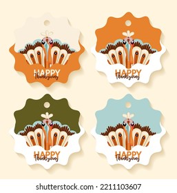 Happy Thanksgiving autumn set. Vector illustration. Thanksgiving digital painting, cute turkey gift tags, cards. Festive background with funny turkeys.