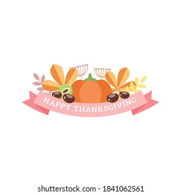 Happy Thanksgiving. Autumn vignette of a pumpkin, chestnuts and leaves with pink ribbon isolated on a white background. Can be used for Thanksgiving Day invitation, greeting card or banner. 8 EPS