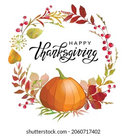 Happy Thanksgiving autumn wreath with pumpkin and lettering inscription. Banner design template for market, website or thanksgiving day backgrounds. Vector illustration.