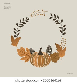 Happy Thanksgiving autumn wreath with pumpkin frame. Banner design template for harvest market, website, or thanksgiving day backgrounds. Vector illustration. Isolated on background.