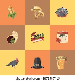 happy thanksgiving autumnal celebration season set icons hat calendar turkey