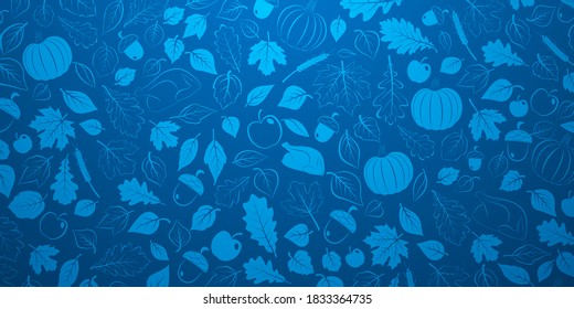 Happy Thanksgiving Background With Autumn Leaves, Vegetables And Turkey In Blue Colors