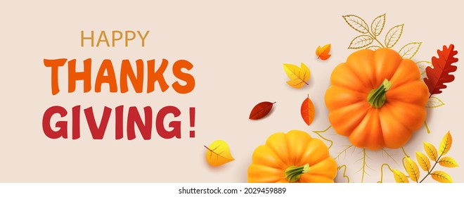 Happy Thanksgiving background with autumn leaves, yellow pumpkins. Poster, card, label. 3d realistic vector illustration of autumn background.