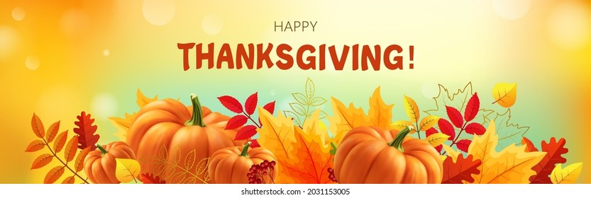 Happy Thanksgiving background with autumn leaves, yellow and white pumpkins. 3d realistic vector illustration.