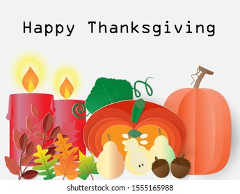 Happy Thanksgiving background with autumn plant and burning candles,vector illustration paper art style.