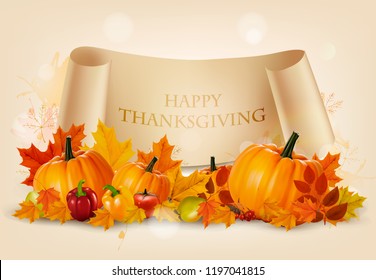 Happy Thanksgiving background with autumn vegetables and colorful leaves. Vector.