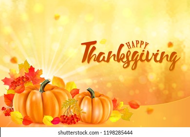 Happy Thanksgiving background with autumn vegetables and colorful leaves. Vector.