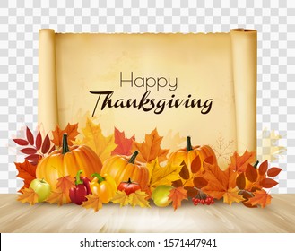 Happy Thanksgiving background with autumn vegetables and colorful leaves. Vector.