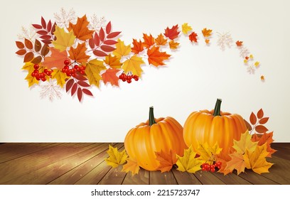 Happy Thanksgiving background with autumn vegetables and colorful leaves. Vector.