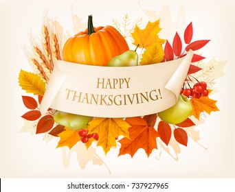 Happy Thanksgiving background with autumn vegetables and colorful leaves. Vector.