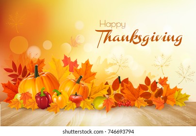 Happy Thanksgiving background with autumn vegetables and colorful leaves. Vector.