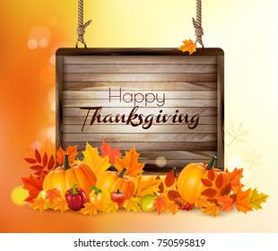 Happy Thanksgiving background with autumn vegetables and colorful leaves. Vector.