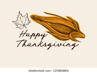 Happy thanksgiving background with colorful autumn vegetables vector illustration for holiday celebration. Design poster with vintage lettering and hand-drawn graphic elements.