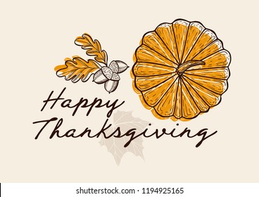 Happy thanksgiving background with colorful autumn vegetables vector illustration poster for holiday celebration. Design banner with vintage lettering and hand-drawn pumpkin, maple.