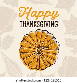 Happy thanksgiving background with colorful autumn vegetables, turkey, maple vector illustration poster for holiday celebration. Design banner with vintage lettering and hand-drawn graphic elements.