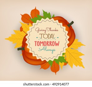Happy Thanksgiving background with colorful autumn leaves and a pumpkin