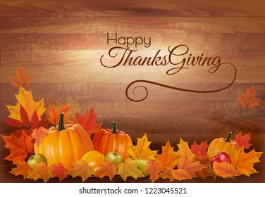 Happy Thanksgiving Background with colorful fruit and vegetables. Vector.